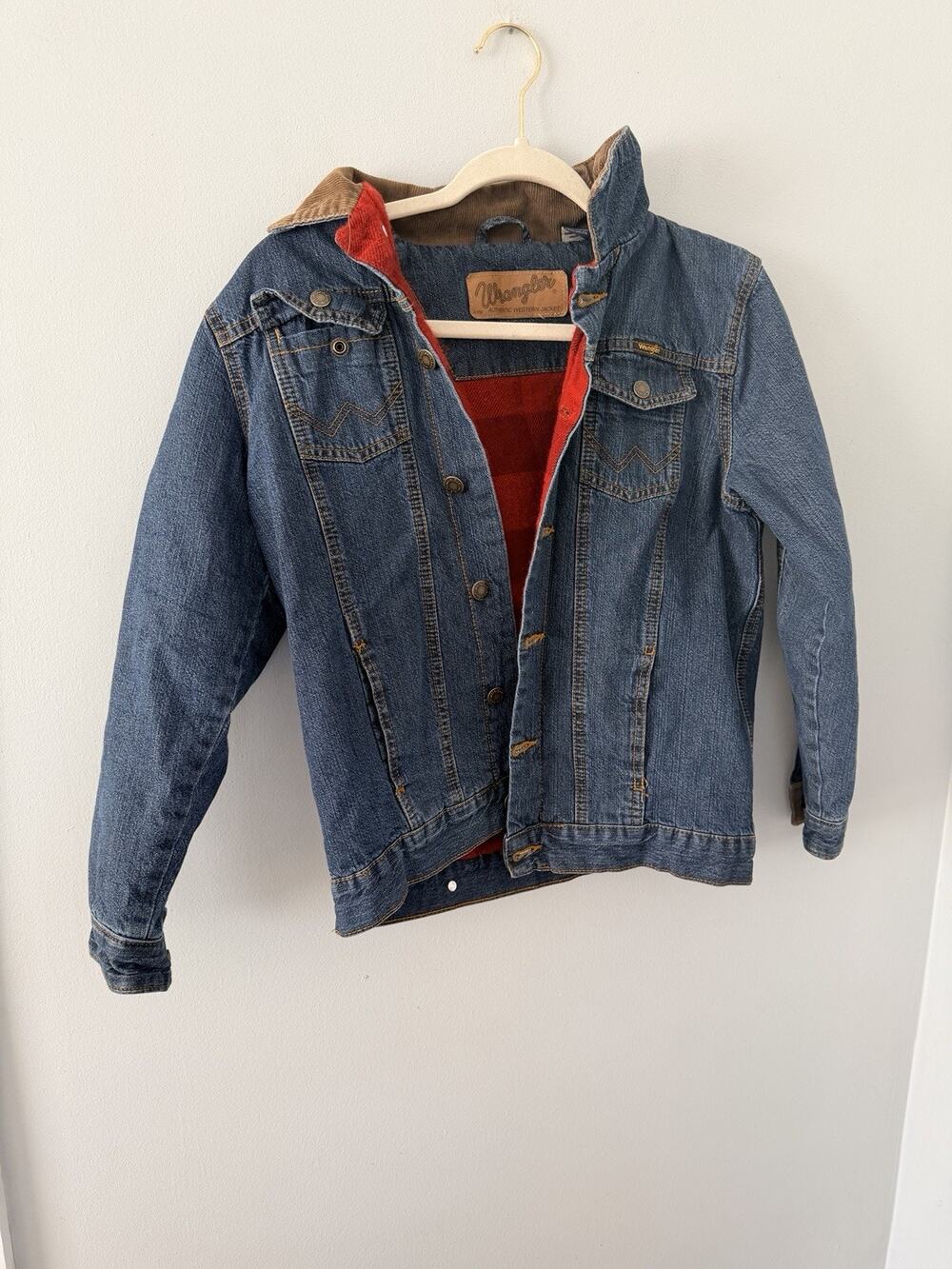 Wrangler Rugged Wear Denim Jacket Men's L Buffalo Plaid Flannel Lined Trucker